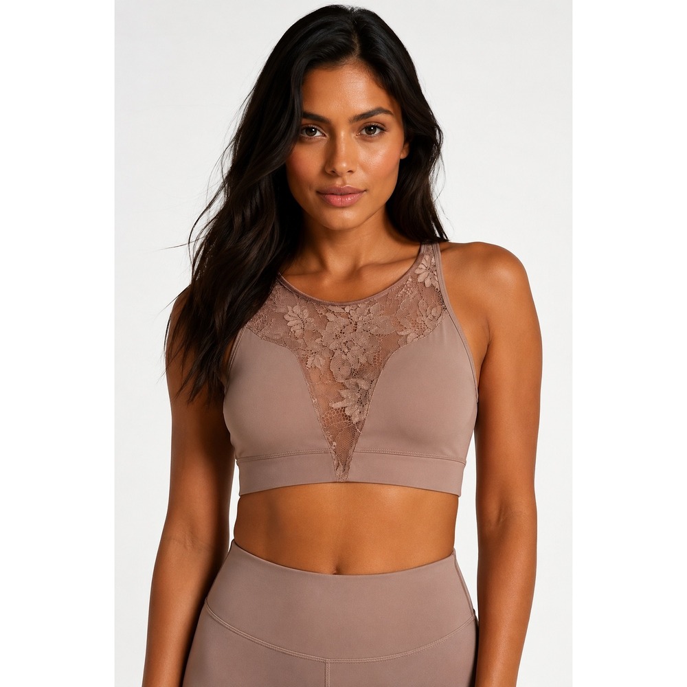 LA Society Taupe Nude High Neck Floral Lace Back Sports Bra Crop Top Medium